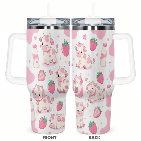 Cute Pink Cow Strawberry Milk 40oz Insulated Tumbler with Handle and Straw Travel Coffee Cup Car Cup Gift for Women