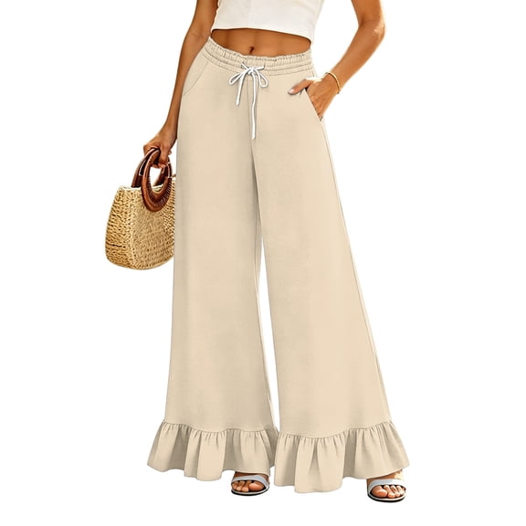 Women's Ruffle Hem Palazzo Pants, High Waisted Wide Leg Trousers with Pockets, Flowy Summer Beach Long Pants with Drawstring