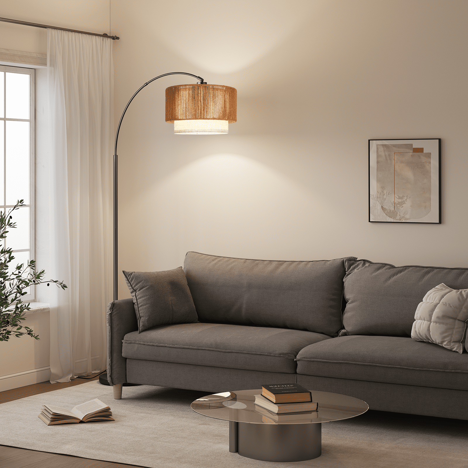 SUNMORY Floor Lamps for Living Room with 12W LED Bulb, Arc Floor Lamp with 3 Color Temperatures, Farmhouse Floor Lamps with Adjustable Rattan & Fabric Shades, Boho Standing Lamp for Bedroom, Corner