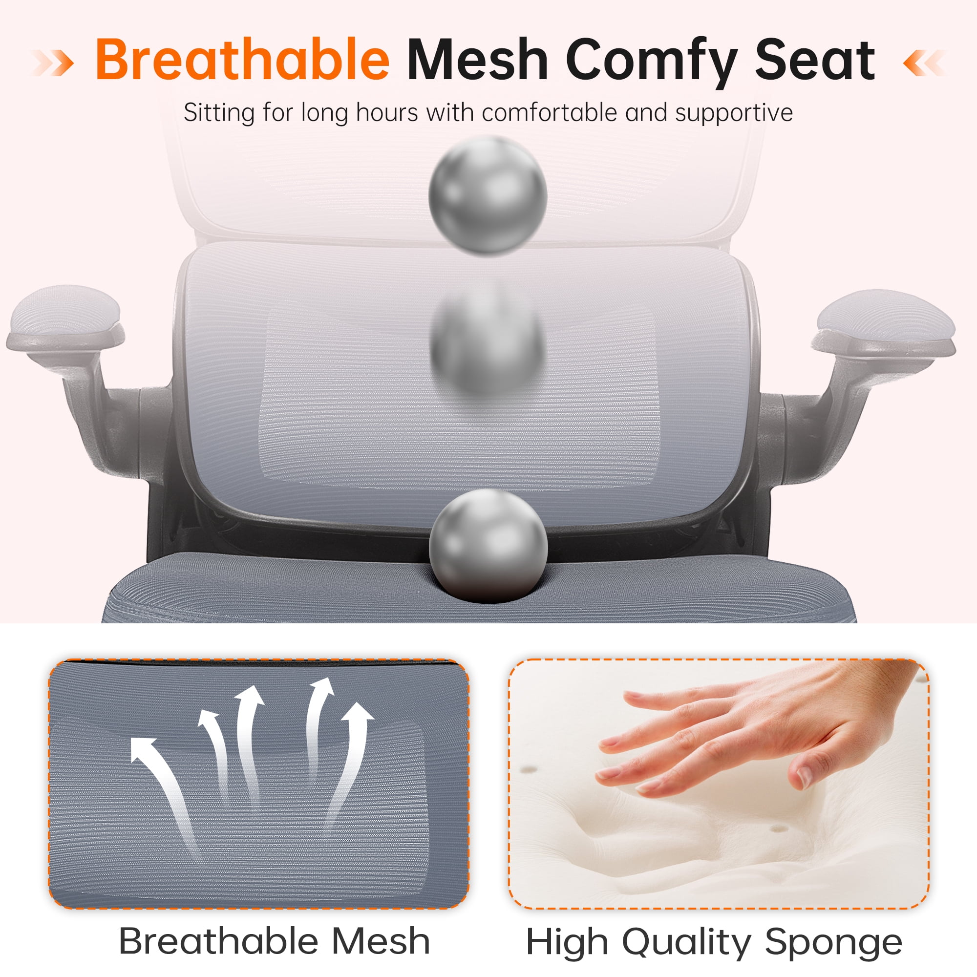 COOLHUT Office Chair, Ergonomic Desk Chair with Lumbar Support and Adjustable Armrests, Breathable Mesh Computer Gaming Chair, Reclining Task Chair for Home Office, Dark Gray
