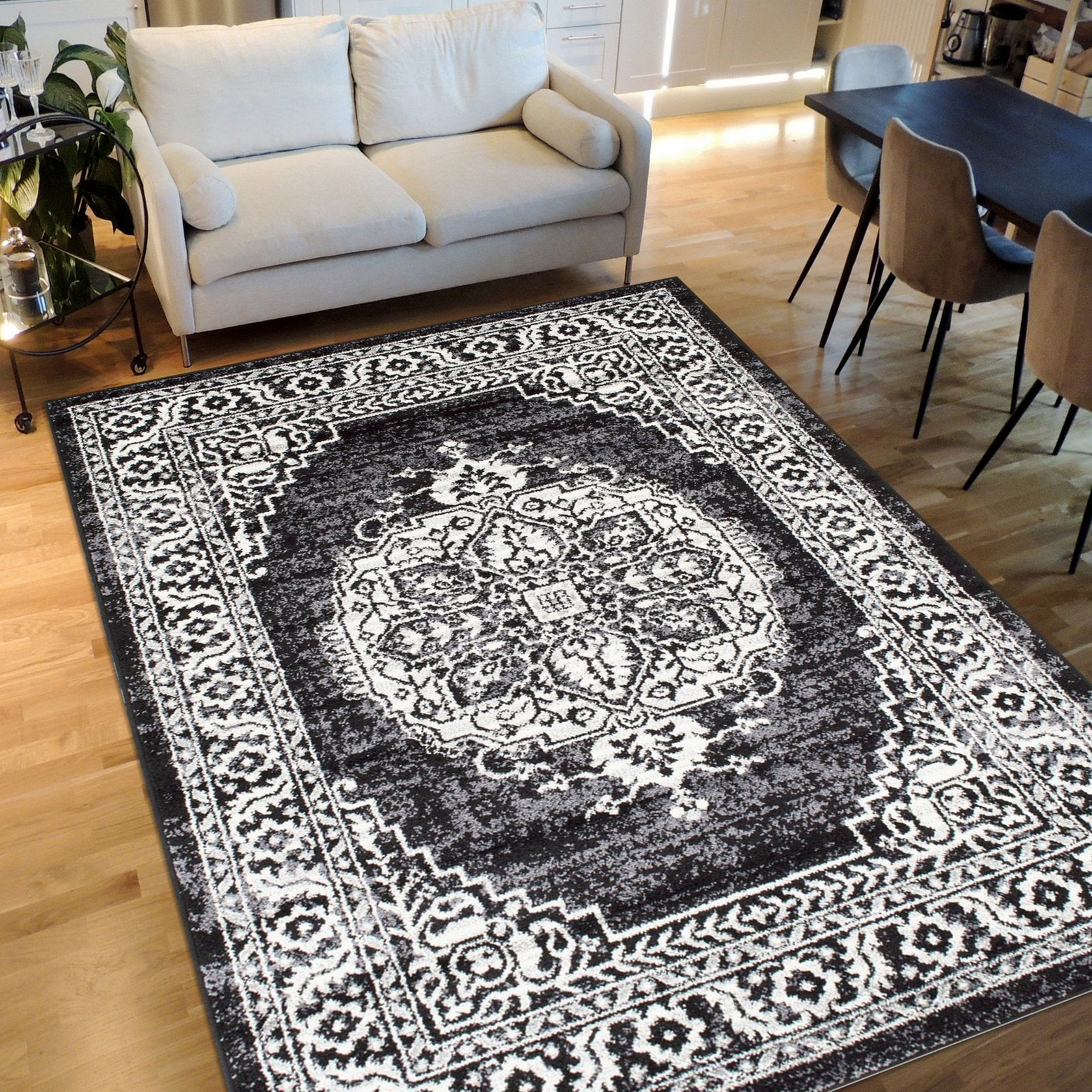 Black/White/Charcoal Faded, Oriental Distressed Area Rug Vintage Persian Area Rug Abstract