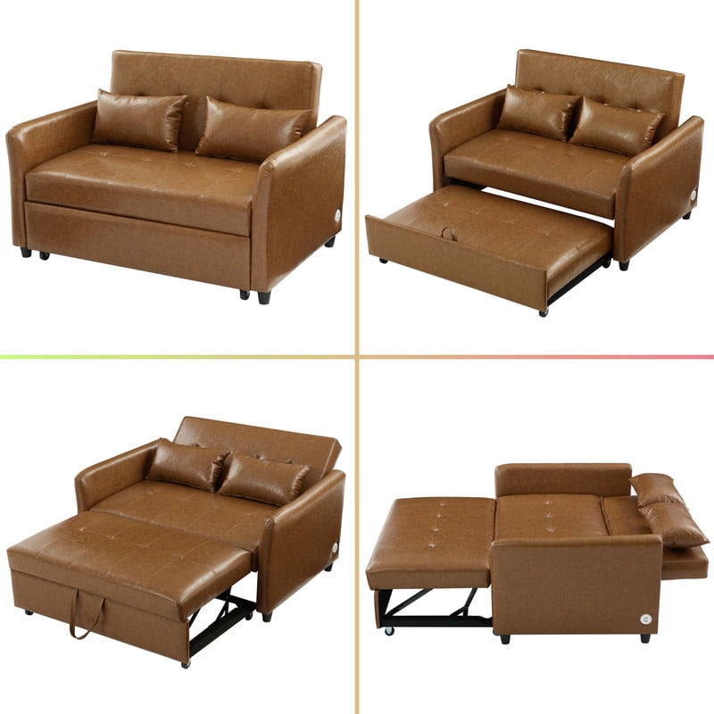 PU Leather Convertible Sleeper Sofa Bed, Adjustable Oversized Chaise Lounge Loveseat Couch with 3 USB Charging Ports
