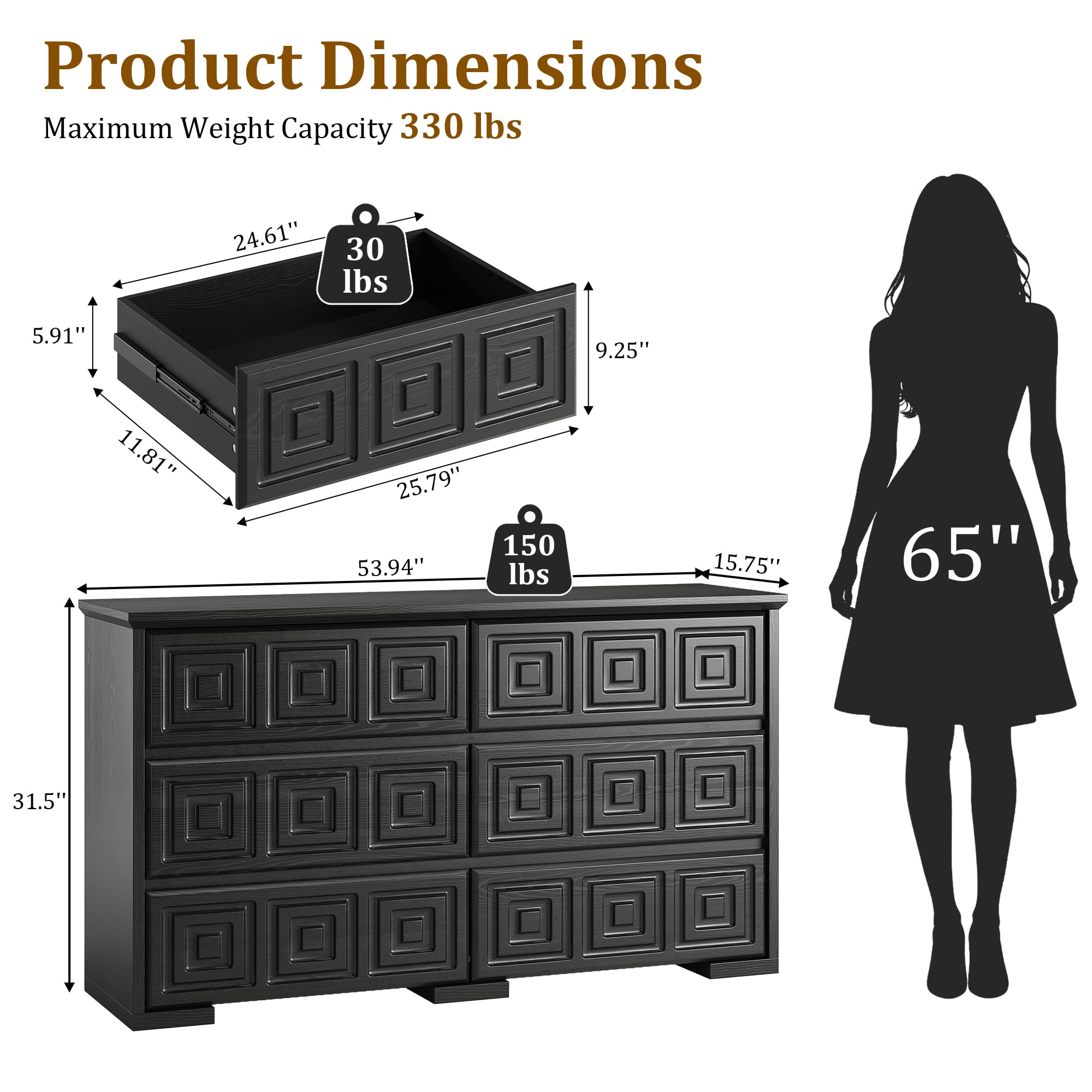 Laintene Farmhouse Dressers for Bedroom, 54" Wide 6 Drawer Dresser with Carved Panel Design, Large Storage Chest of Drawers for Bedroom, Living Room, Black