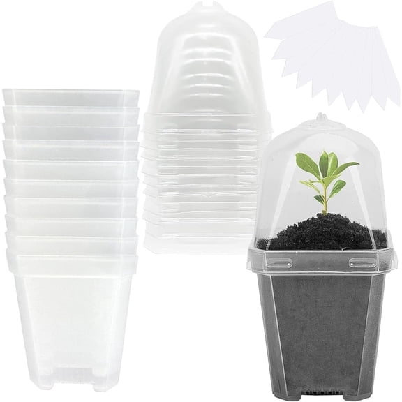 EBaokuup 10PCS Clear Plant Nursery Pots with Humidity Dome - 3" Plastic Gardening Pot with Labels, Durable Plastic Plant Container for Seedlings/Vegetables/Succulents/Cuttings