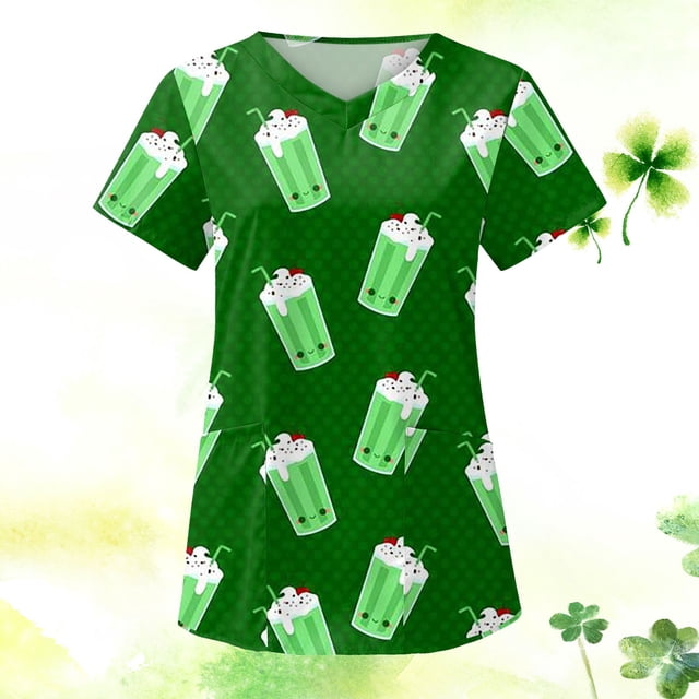 Blouse d'Été Grande Taille à Manches Courtes pour Femmes Mode Manches Courtes Col en V Hauts Uniforme de Travail Blouse à Poche Imprimée Hauts Col en V T-Shirt Femmes en Solde
