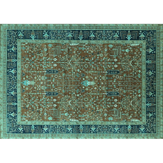 Ahgly Company Machine Washable Indoor Rectangle Oriental Turquoise Blue Industrial Area Rugs, 5' x 7'