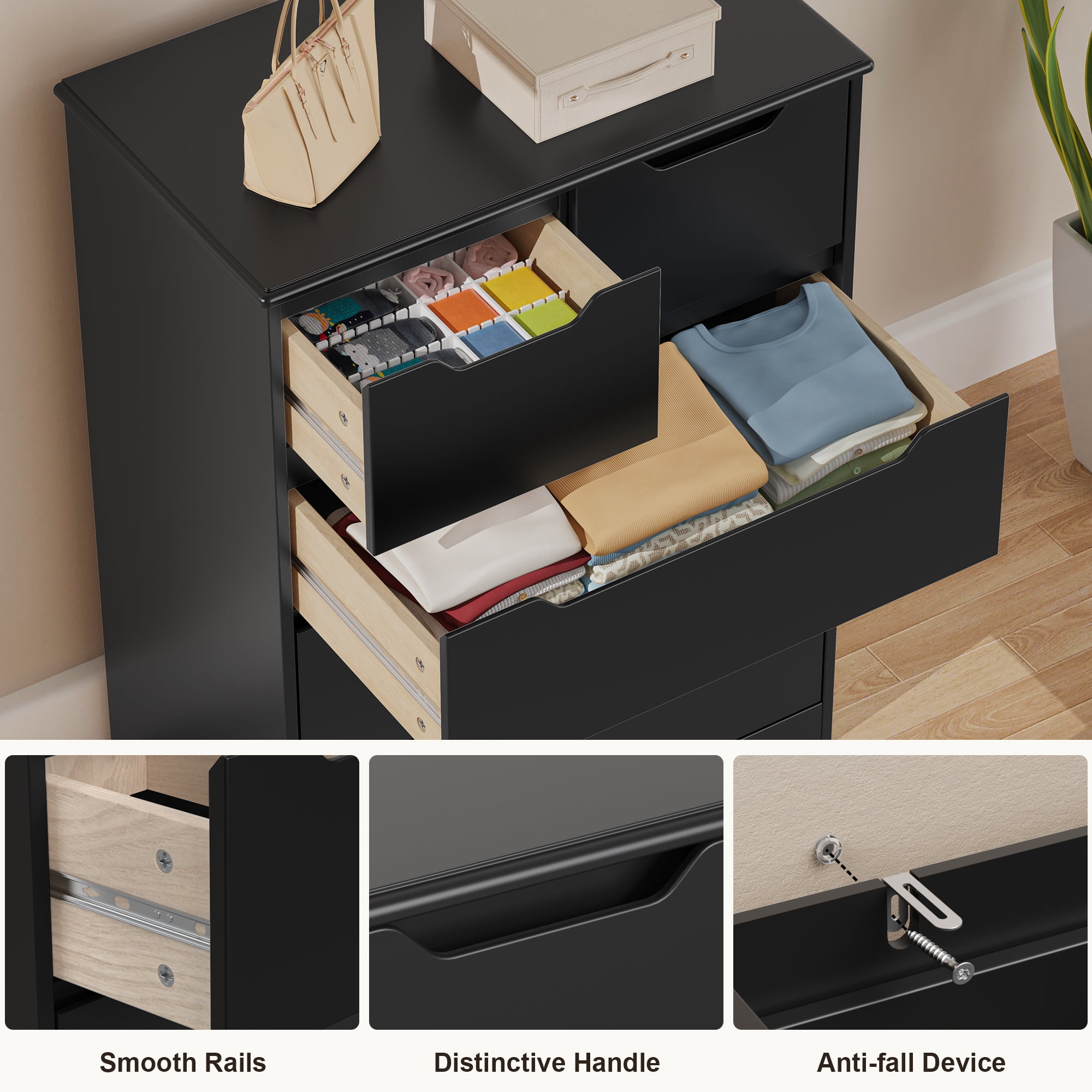 Dresser for Bedroom, Lofka Modern Wood Chest of Drawers with Cutout Handles, Deep Drawers, Smooth Metal Rail, Black