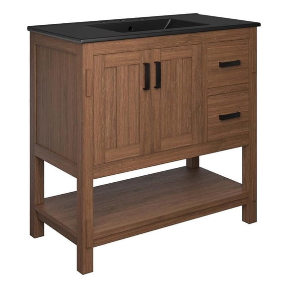 Pemberly Row 36" Wood Bathroom Vanity with Open Shelf in Walnut and Black
