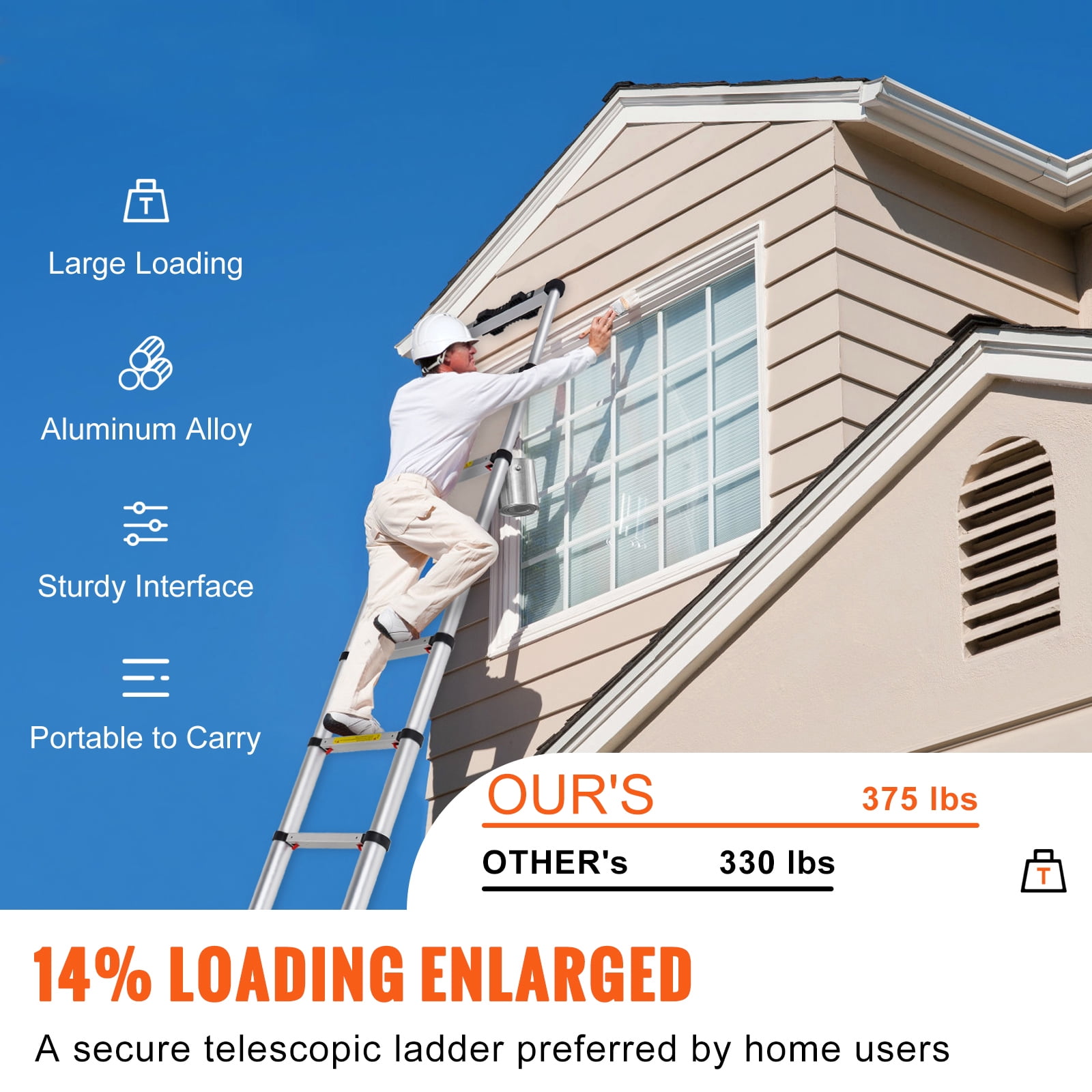 SKYSHALO 10.5FT Telescoping Ladder 375lbs Load Capacity Aluminum Telescopic Extension Ladder, Multi-purpose Collapsible Ladder for RV，Home or Outdoor Work