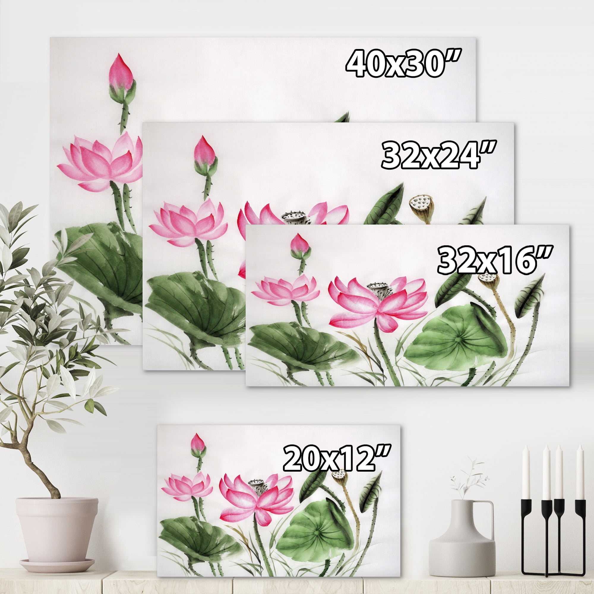 Designart ' Ancient Pink Lotuses In The Pond II ' Traditional Canvas Wall Art Print