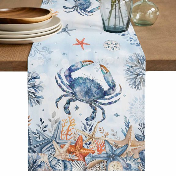 Crab Coastal Table Runner 108 Inches, Summer Beach Blue Ombre Coral Starfish Bed Runner Dresser Scarves Tabletop for Indoor Outdoor Parties/Ceremony/Banquet, 13"x 108"