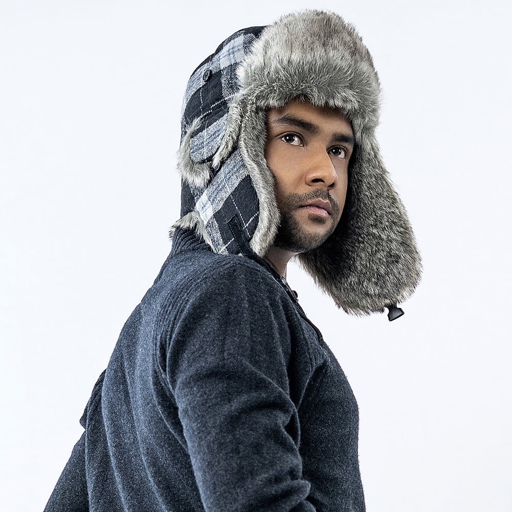 HEYANN Winter Trapper hat,Russian Ushanka Plaid Faux Fur Fuzzy for Men Women with Ear Flaps Eskimo Soviet Pilot Hat
