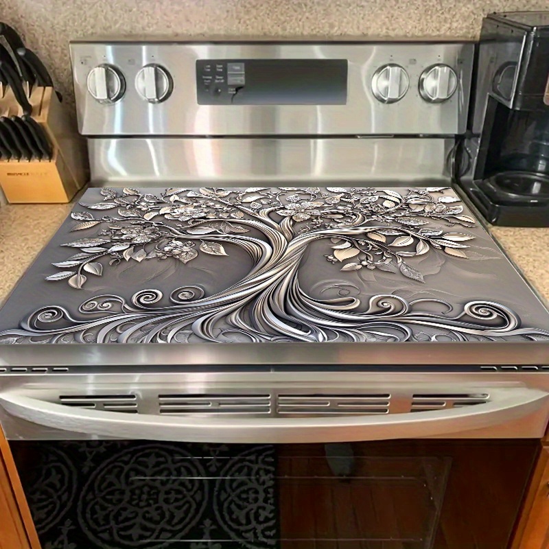 1PCS Stove Top Cover, Stove Top Covers For Electric Stove, 28.3x20.4 Inches Plastic Cover With Silver Tree & Delicate Flowers Design, Fit For Electric Stove