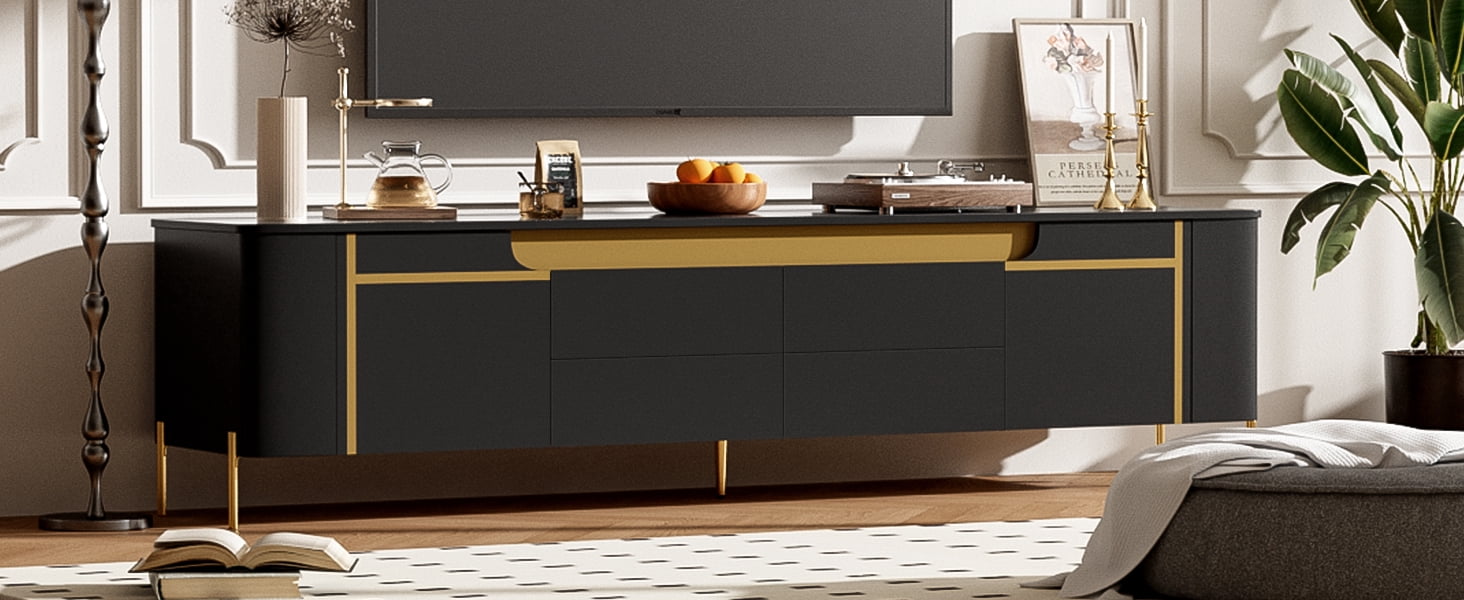 Euroco Light Luxury TV Stand with 2 Cabinets and 4 Drawers – Gold Metal Legs, Cable Management, Concealed Handles – Modern Entertainment Center for Living Room