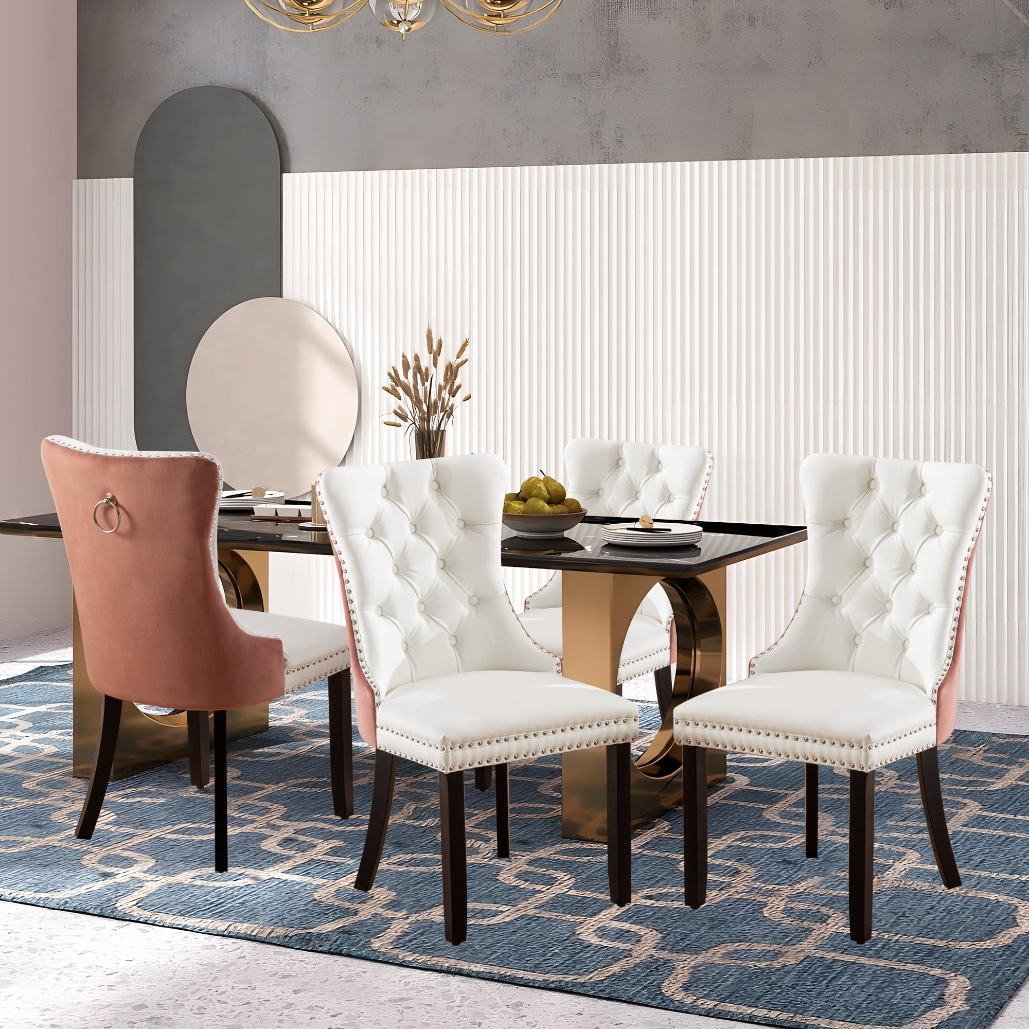 DONICK Velvet White Pink Upholstered Dining Chairs Set of 6, Kitchen & Dining Room Chairs Nailheads Tufted Soft Solid Wood Frame