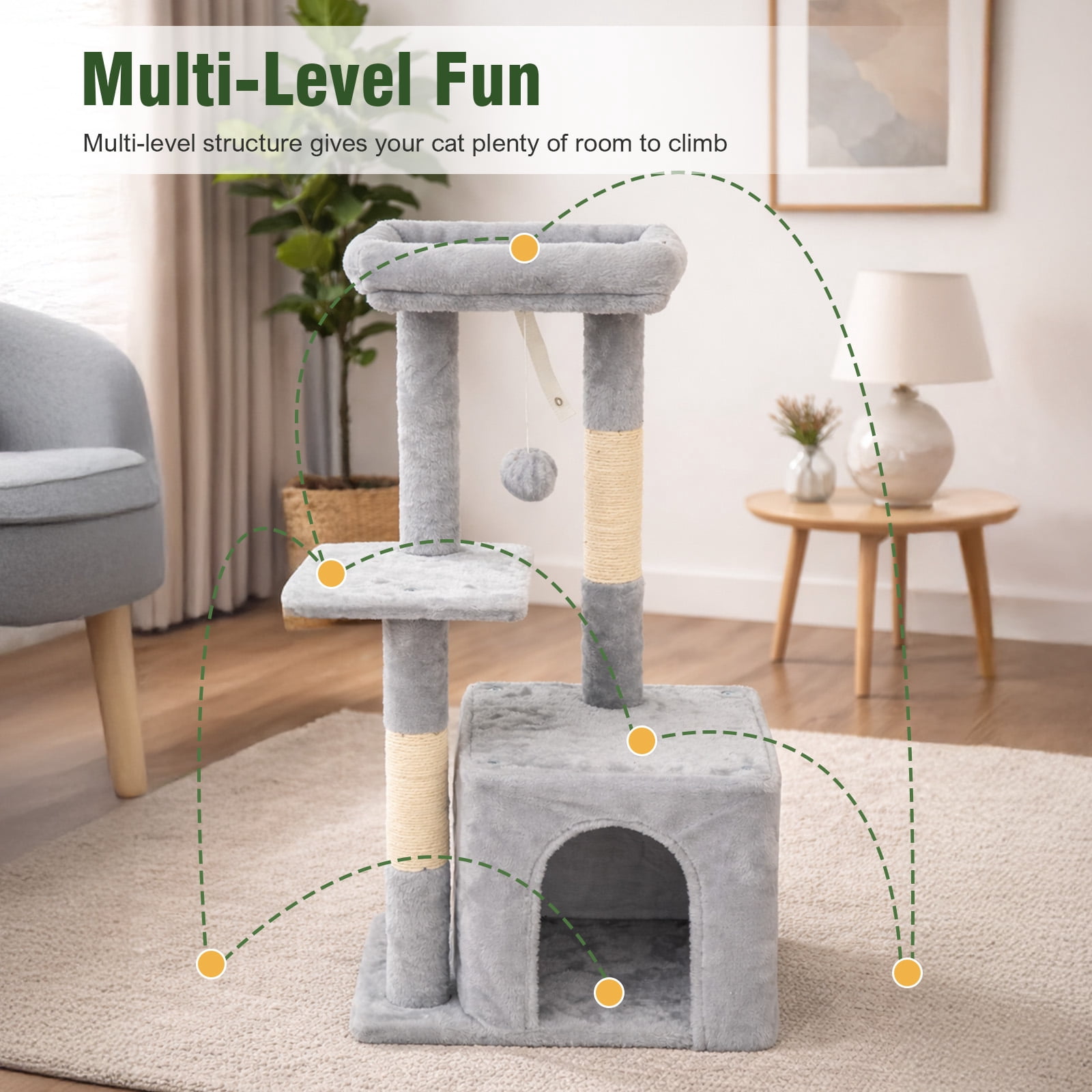 Samll Cat Tree, Multi-Level Cat Tree Tower with Sisal Scratching Posts, Condos, Plush Perches, Hanging Cat Toys, Light Gray