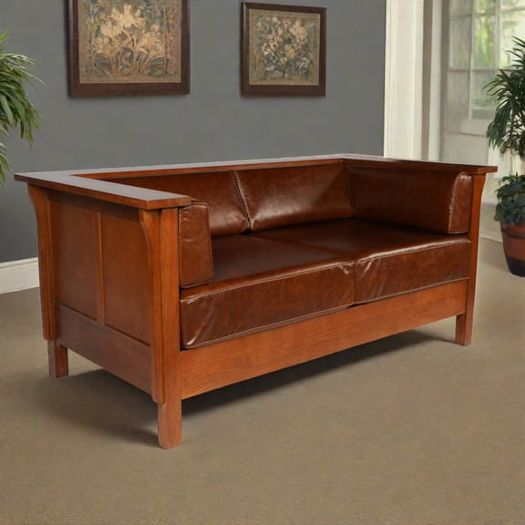 Crafters and Weavers Arts and Crafts Leather Side Loveseat in Chestnut Brown