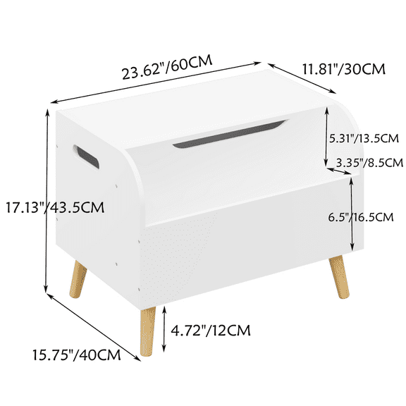 Wooden Toy Box with Front Bookshelf, White Kids Toy Storage Organizer with Flip-Top Lid & Safety Hinge, 100LB Capacity Toy Chest Bench for Playroom