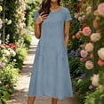 thumbnail image 2 of Summer Dress Sevevn Women's Casual Cotton Linen Short Sleeve Midi Dress Solid Color Loose Fit Dress with Pockets Blue S, 2 of 8