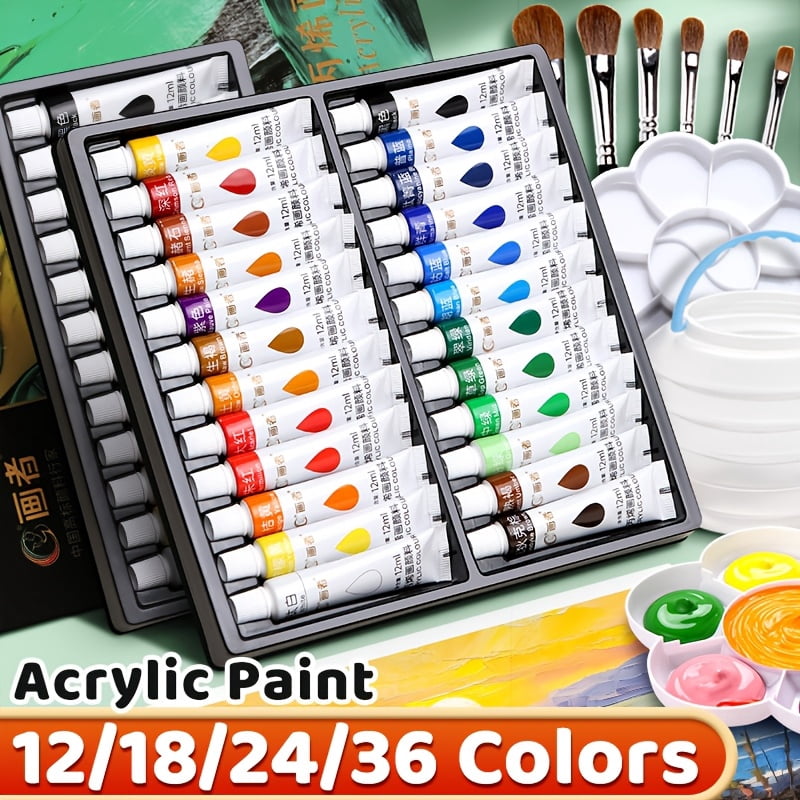 Acrylic Paint Set, 12/18/24/36 Colors, Fade-Resistant for Paper, Wood, Canvas, Rocks, Ceramics, Clothing & Wall Art. Artists & Hobbyists, 0.41oz Tubes