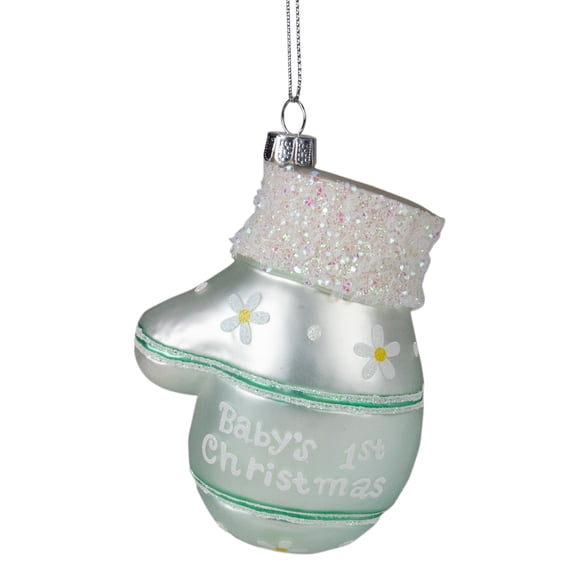 Northlight Baby's 1st Christmas Glass Mitten Holiday Ornament - 4" - Mint Green