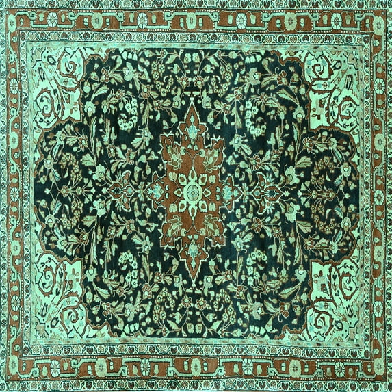 Ahgly Company Machine Washable Indoor Square Medallion Turquoise Blue Traditional Area Rugs, 5' Square
