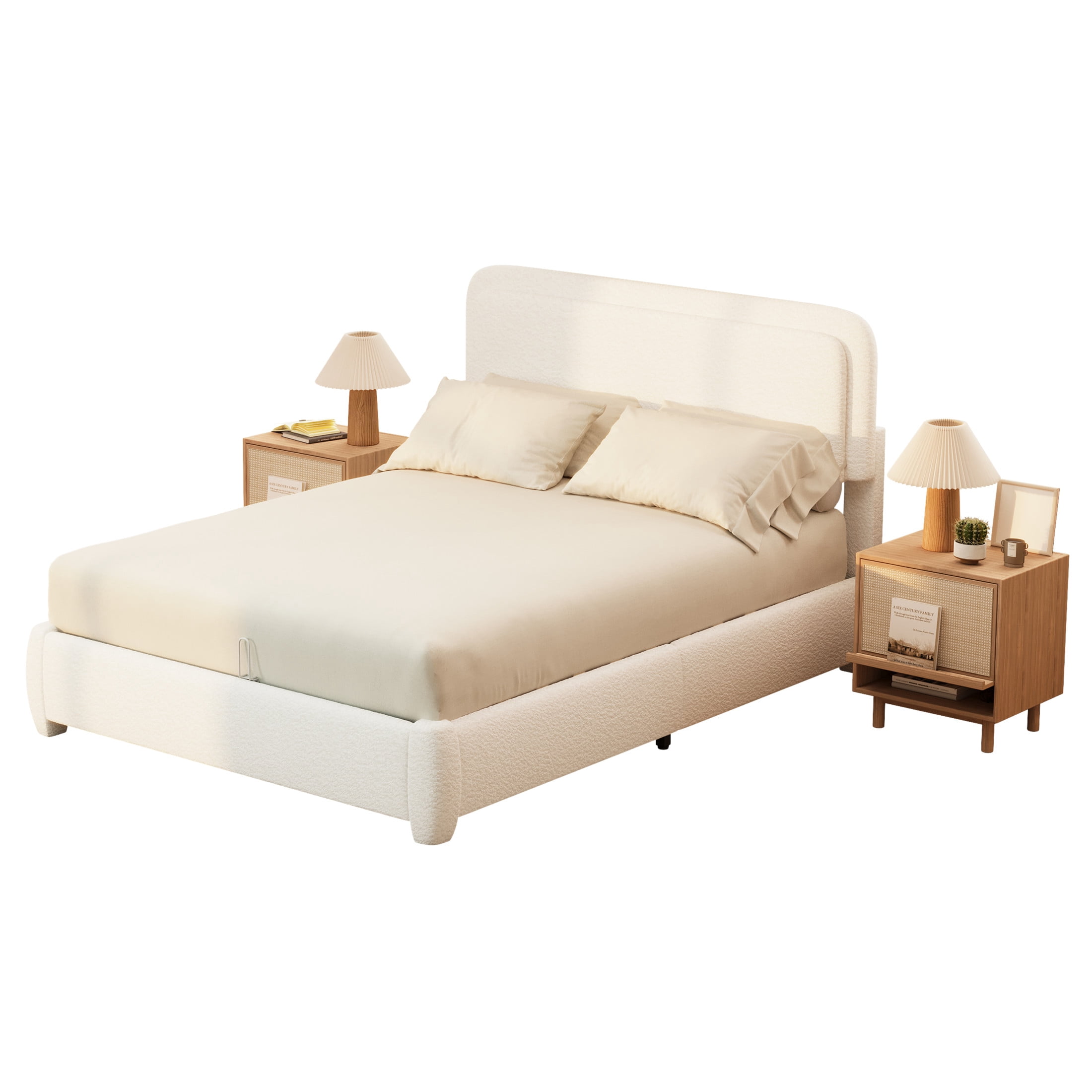 Noble House Queen Boucle Platform Bed with Adjustable Headboard, Low Profile, White