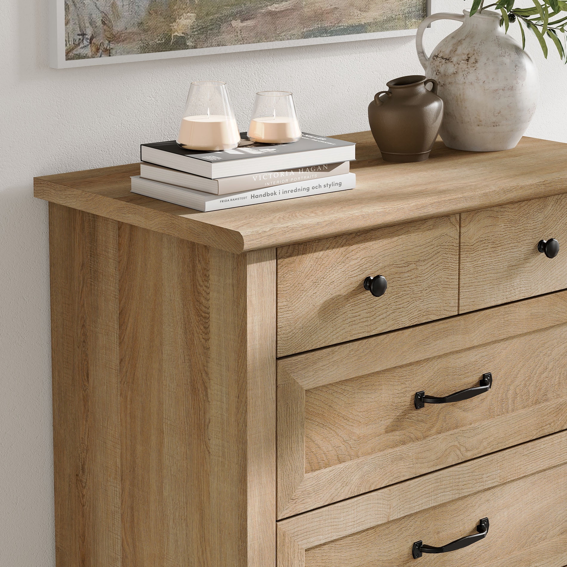 Oak Kids Dresser for Bedroom with 10 Wide Chest of Drawers, Wood Dressers for Living Room, Nursery, Hallway,White