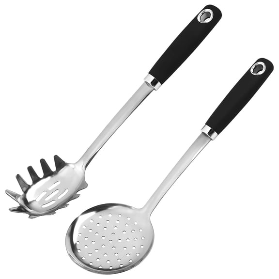 2 Pcs Stainless Steel Pasta Spoon & Strainer Set – Ergonomic Non-Slip Handles, Serrated Spoon for Spaghetti, Round Strainer for Draining & Serving, Dishwasher Safe