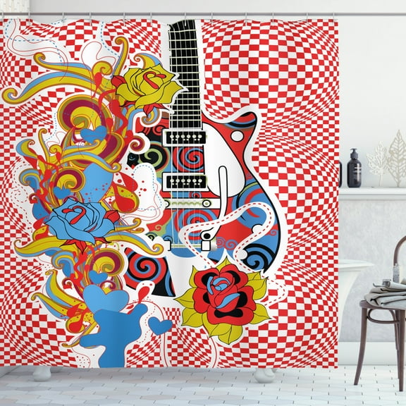 Ambesonne Rock Music Shower Curtain, 60s Inspired Guitar, 69"Wx75"L, Multicolor