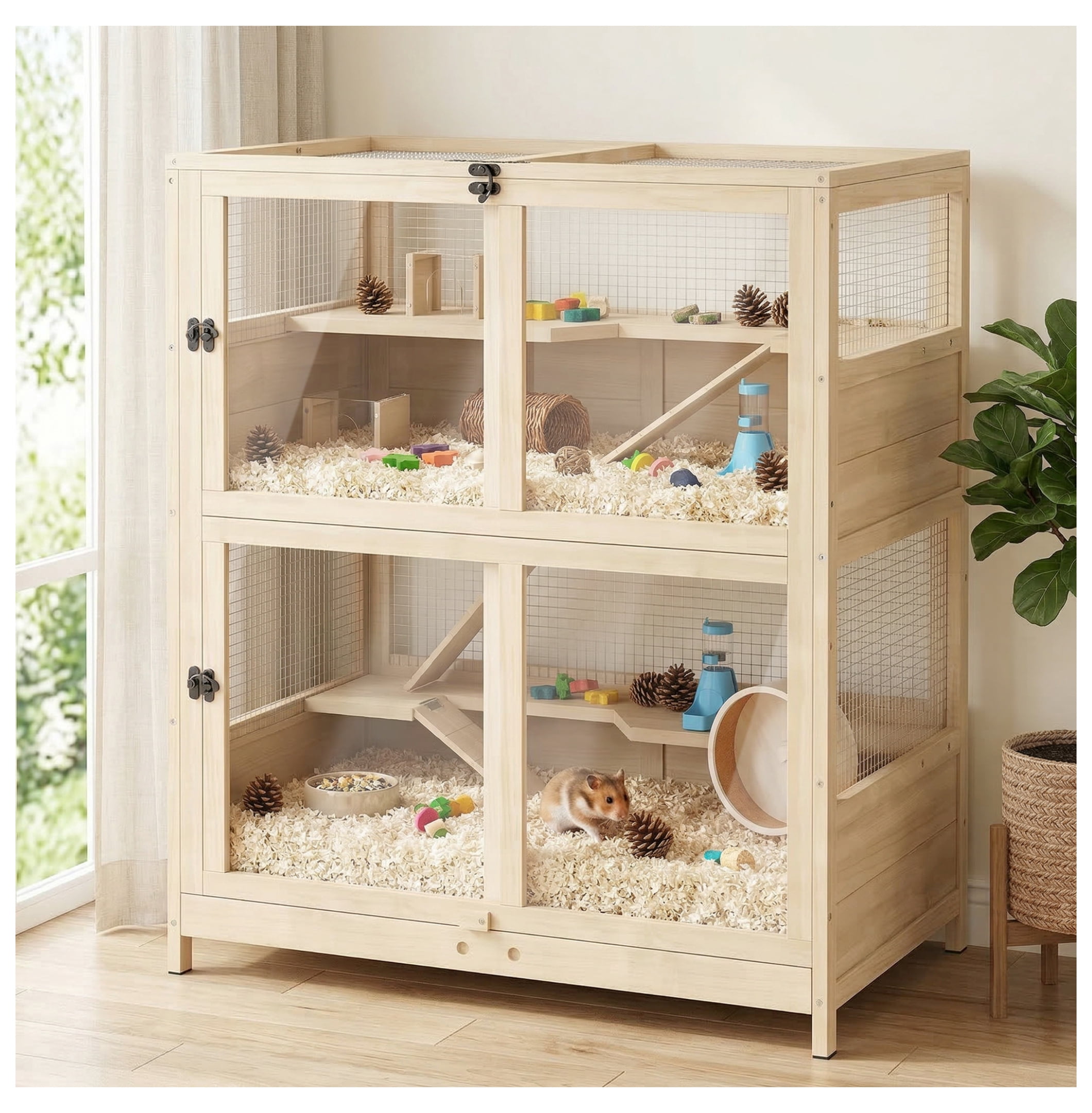 Wooden Hamster Cage 4 Tier, Small Animal Habitat w/Ramps & Hideouts