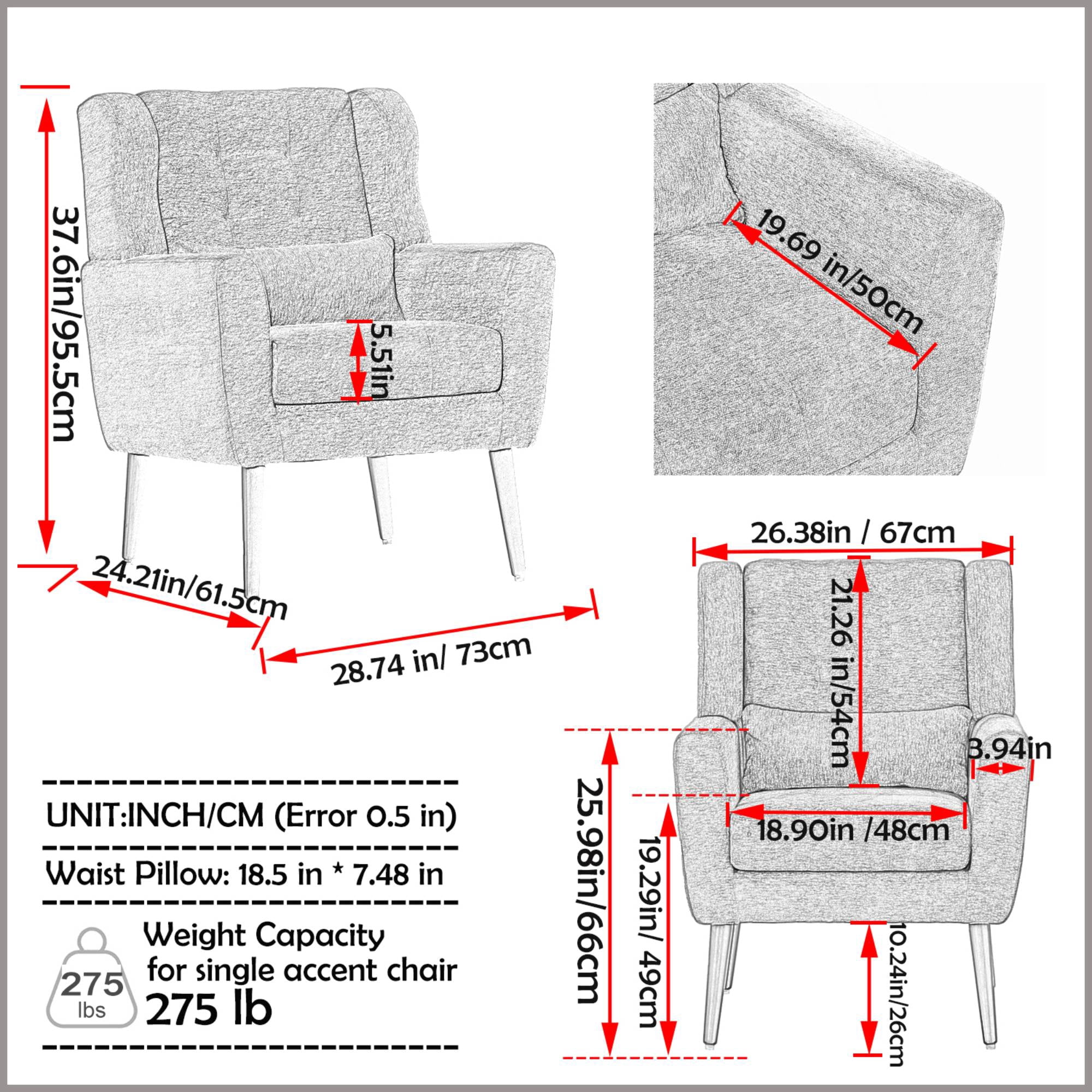 Modern Accent Chair Mid Century Armchair Reading Chair, Upholstered Tufted Side Chair with Wingback , Waist Pillow for Living Room, Grey