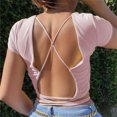 thumbnail image 2 of Noyal Women's Lace Up Backless Crop Top Short Sleeve Round Neck Tee Shirts Top, Pink, 2 of 4