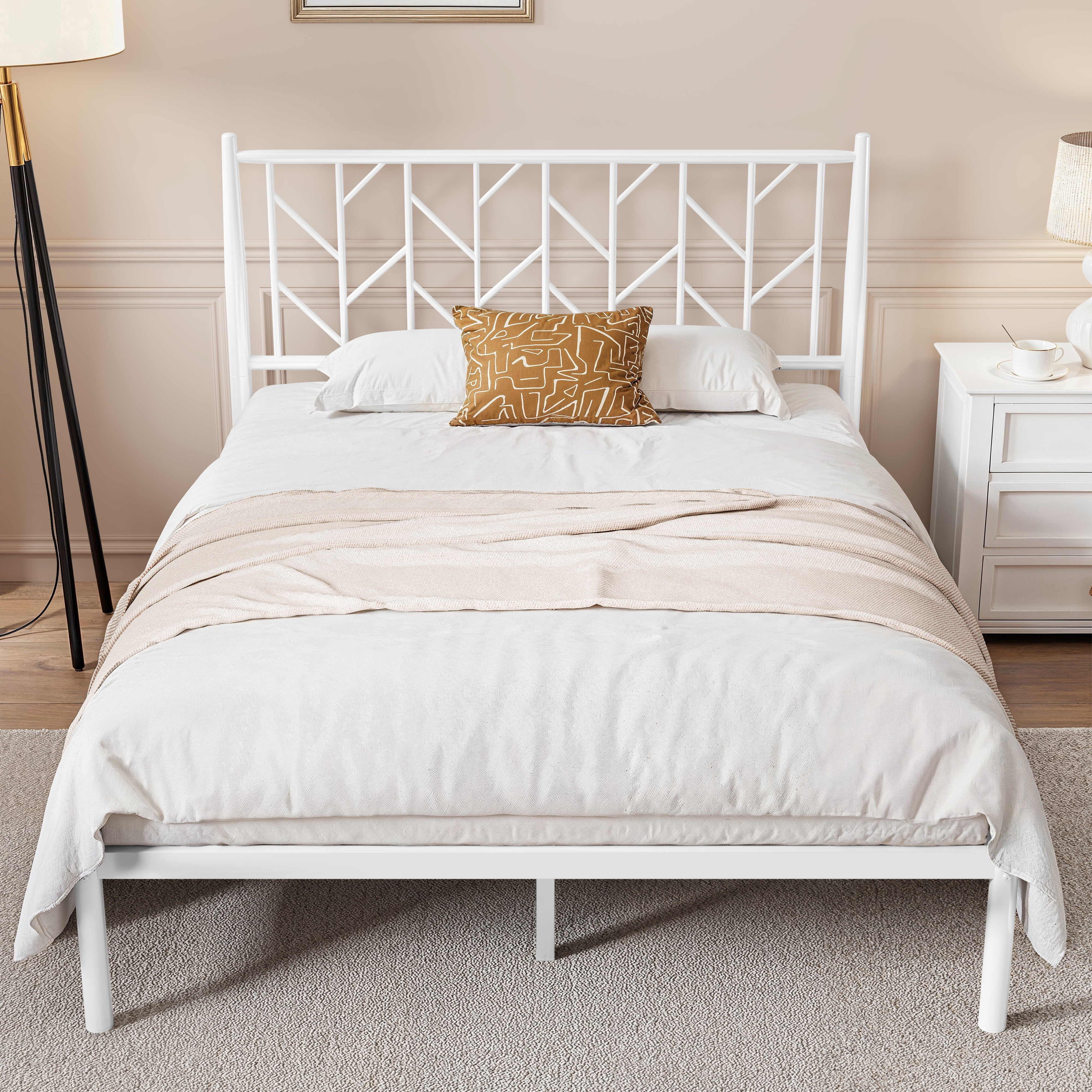 Sha Cerlin White Queen Size Metal Platform Bed Frame with Victorian Vintage Headboard & Underbed Storage, Adult
