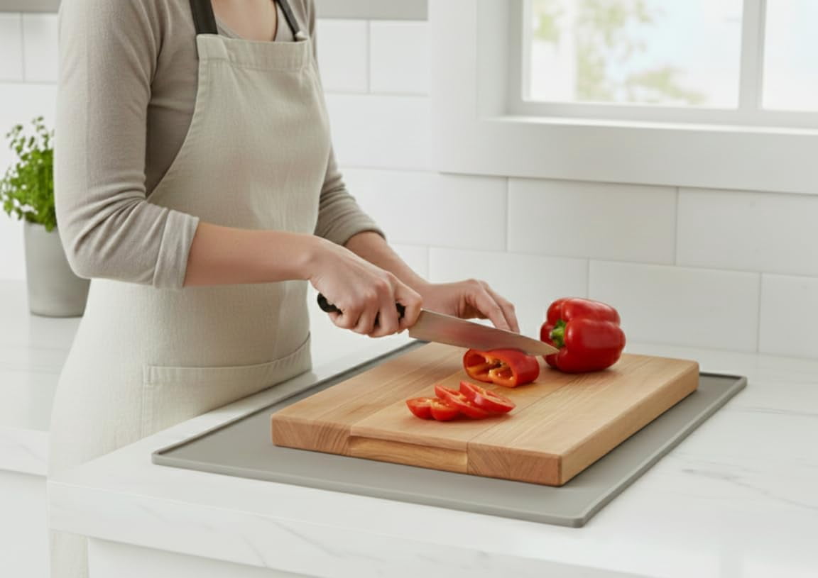RGHJAR-, Non Slip Cutting Board Mat, Grip Mat Pad, Under Kitchen Cutting Board, Raised Edges, Extra Large, Easy to Clean, 19 x 13 Inches, Taupe