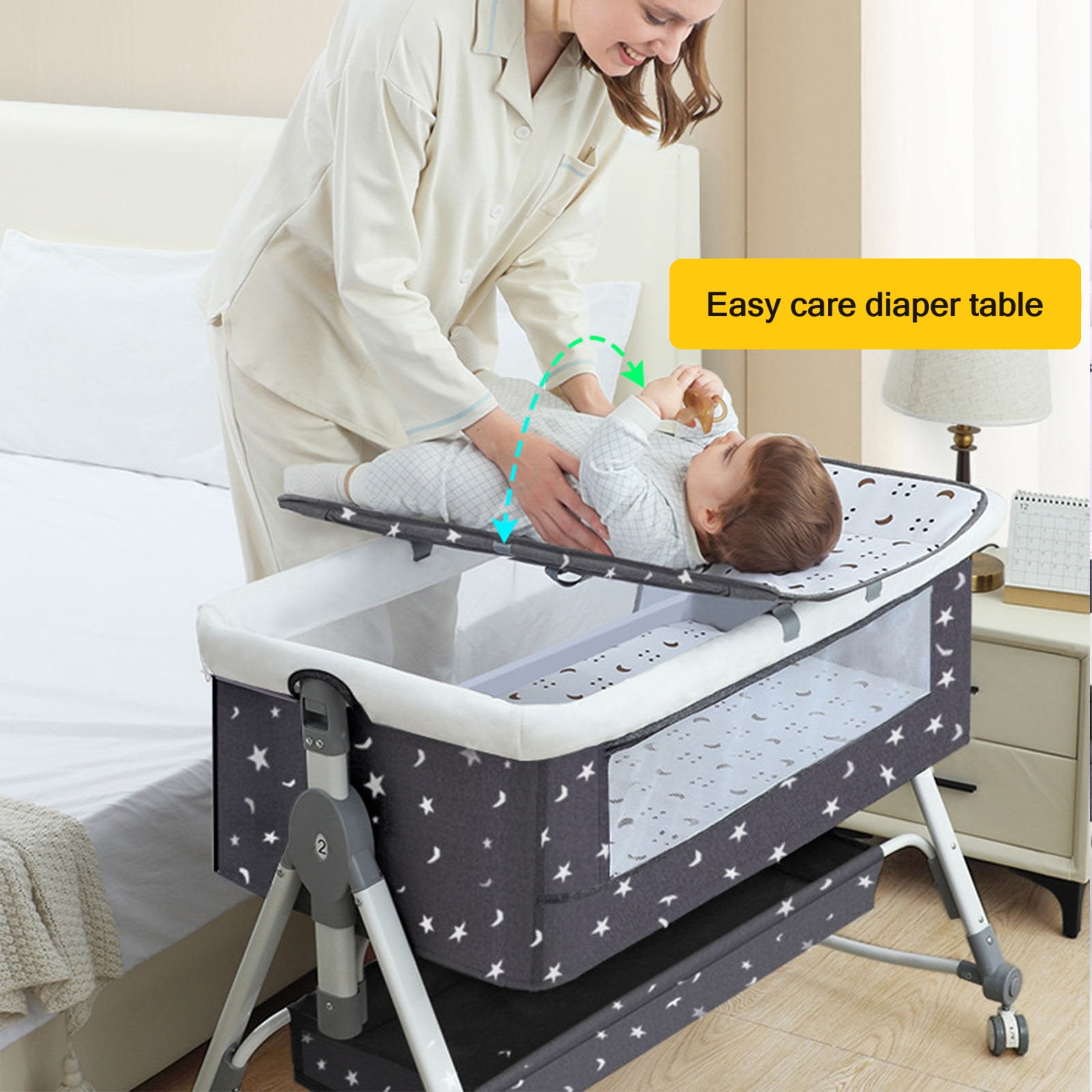 EONROACOO Foldable Baby Bassinet with Changing Table, Adjustable Bedside Crib for Infant, Moyan Starry Sky