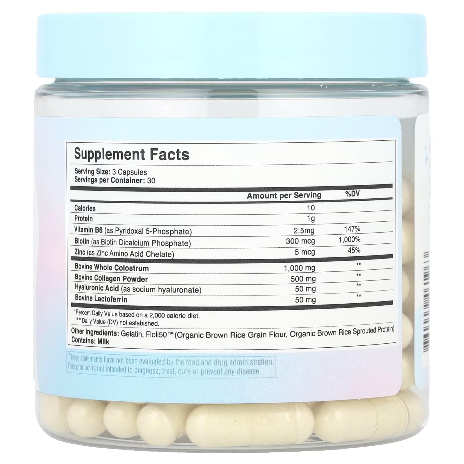 WONDERCOW Hair Skin and Nails Vitamins w/Bovine Colostrum, Collagen, Hyaluronic Acid, Biotin, Zinc, & Lactoferrin?Supports Faster Hair Growth, Stronger Nails and Glowing Skin (30 Servings, Capsule)