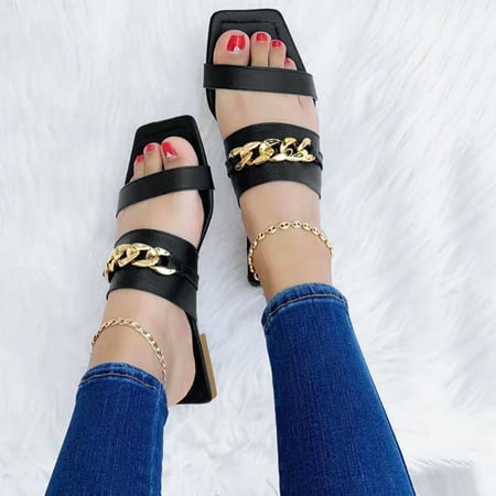 

ZHELIYO Women s sandals Ladies Fashion Solid Color Leather Metal Chain Flat Casual Beach Sandals Black 7.5