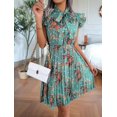 thumbnail image 3 of Women Floral Pleated Knee-Length Dress Vacation Crew Neck Sleeveless High Waist Slim Robe Green M, 3 of 7