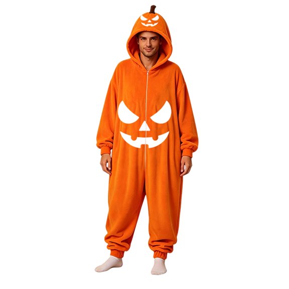 Curuila Halloween Adult Jumpsuit Zipper Hallowmas Pumpkin Hooded Flannel Pajamas For Women And Men Party Fashionable Homewear Jumpsuit Size L