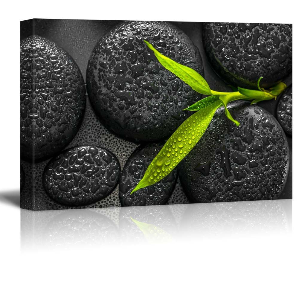 wall26 Large Smooth Zen Stones Black with Green Leaves Canvas Art