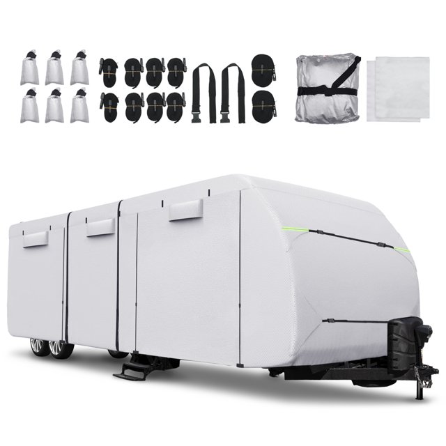 Unique Bargains 1 Set Waterproof RV Trailer Cover Fits 20'-22' with Extra Windproof Ropes and Gutter Covers Silver Tone