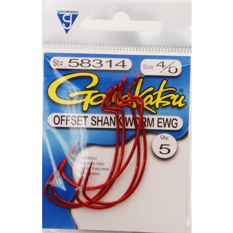 GAMAKATSU HOOKS 58314 OFFSET SHANK WORM EWG SZ 4//0 QTY 5 RED NICKEL HOOK