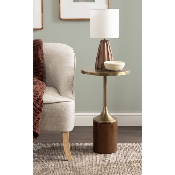 Kate and Laurel Whelan Modern Metal Round Side Table, 14 x 14 x 24, Antique Brass and Walnut Brown, Transitional Sculptural Indoor Plant Stand for Living Room End Table or Bedroom Nightstand