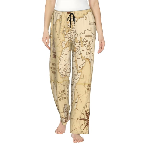 Fotbe World Map Pantalones de Pijama para Mujer, Pantalones de Dormir, Pantalones Pj con Cordón y Bolsillos-Small