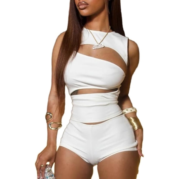 YUEHUA Two Piece Outfits for Women Going Out Sleeveless Summer Matching Sets Cut Out Crop Top Bodycon Shorts Night Out Streetwear