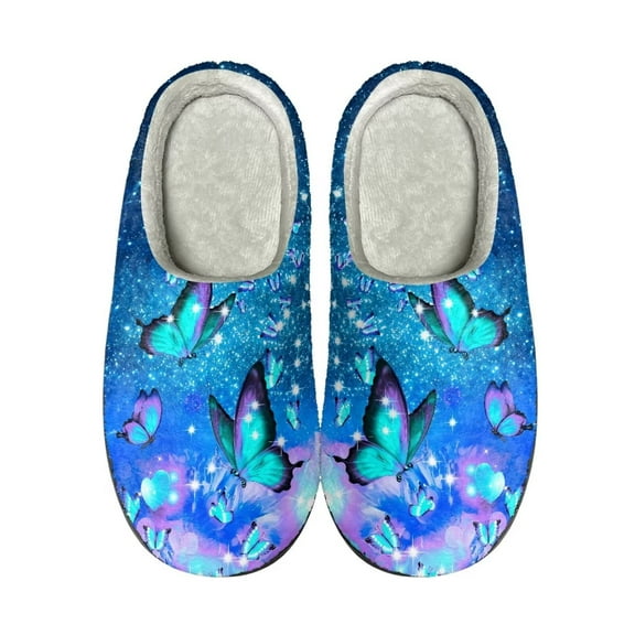 Xoenoiee Floral Butterfly Blue Star Pattern Cosy Slippers for Winter Warm Slippers with Non-Skid Sole for Women Men Indoor Outdoor Slip-On House Shoes, 5.5-6.5W/4-5 M