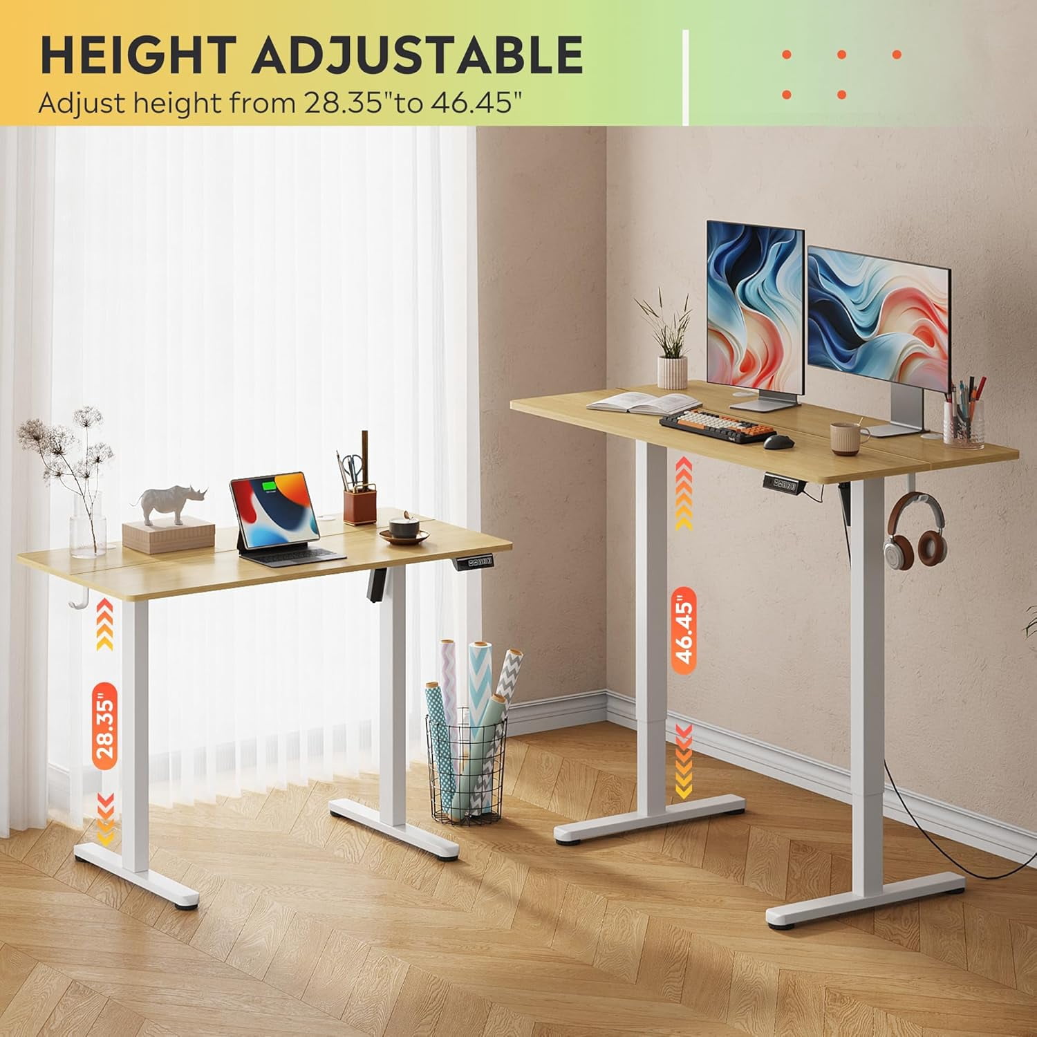 MorandiMal 48 Inch Electric Standing Desk, 3 Adjustable Height Stand up Desk for Home Office, Ergonomic Sit to Stand Desk with LED Touchscreen, Headphone Hook, 3 Memory Preset Computer Desk (Maple)