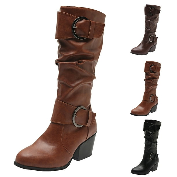 nsendm Women Shoes Adult Female Wide Calf Boots for Women Size 12 Fashion Women Square Heels Artificial Leather Tall Rain Boots for Women Wide Calf