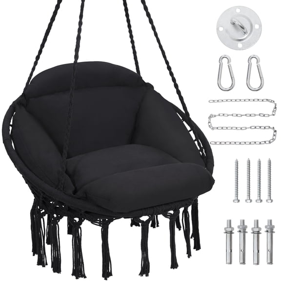 LOGYAT Macrame Hanging Chair, Oversized Padded Cushion, Indoor Outdoor Swing Seat for Porch, Balcony and Bedroom, Hammock Chair for Adults, Black
